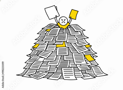 Overwhelmed character buried in a mountain of documents and papers.