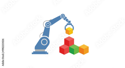 Robotic arm stacking colorful blocks.
