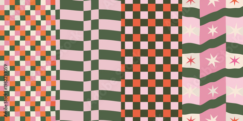 Colorful geometric patterns repeat vertically in a striking modern design