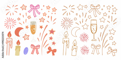 Festive illustrations of fireworks champagne and celebratory elements