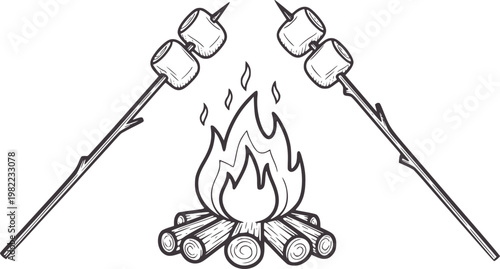 Two skewers with marshmallows roasting over a campfire wood