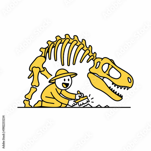 Paleontologist digging dinosaur fossil skeleton excavation research with brush cartoon.