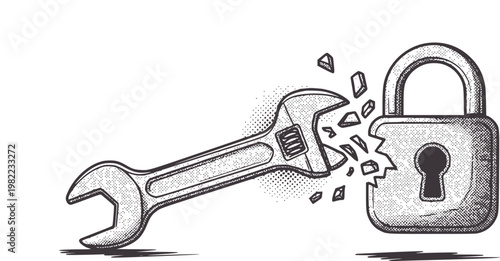 Wrench breaking apart a padlock with fragments flying security