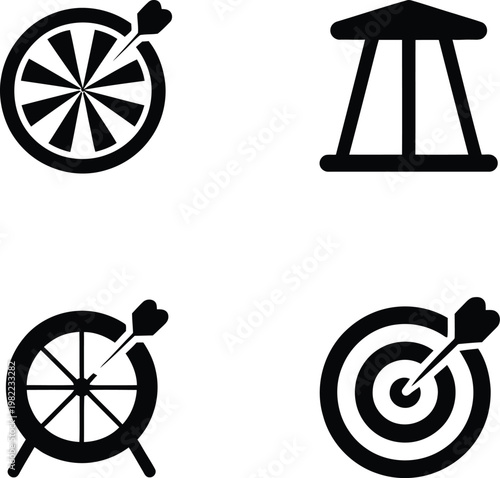 Four Black Dartboard and Target Icons on White Background untitled illustration