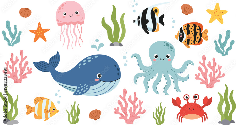 Obraz premium Cute underwater sea animals vector illustration with whale octopus jellyfish fish crab and coral reef elements