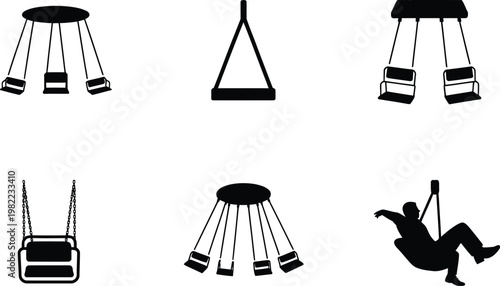Six black and white icons of swings and a person swinging playground amusement