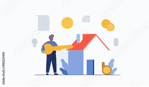 Housing credit approval vector with person holding key and house mortgage finance concept flat design