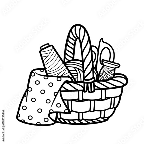 Wicker craft basket with thread and scissors isolated on a white background
