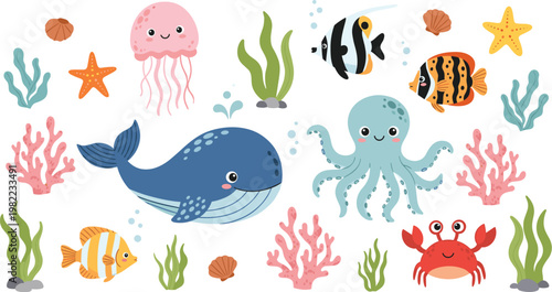 Cute underwater sea animals vector illustration with whale octopus jellyfish fish crab and coral reef elements