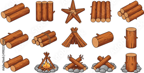 Set of wooden logs and campfire arrangements, timber bundles and firewood stacks, outdoor camping elements, rustic vector illustration collection