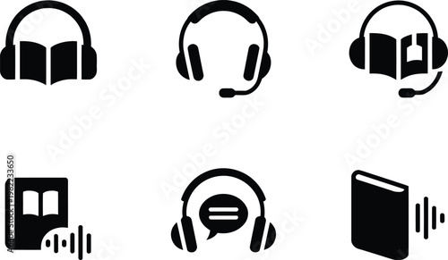 Six Black Icons Representing Audiobooks and Listening Devices headphones headset