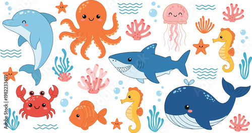 Cute ocean animals collection vector illustration with dolphin shark whale octopus jellyfish crab and seahorse characters