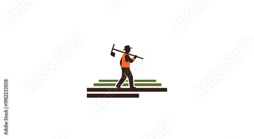Man carrying pickaxe on shoulder walking.