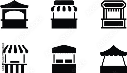 Six Black Silhouette Icons Of Market Stalls And Booths kiosk shop
