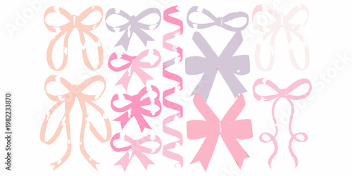 A collection of pastel colored ribbon bows and curls arranged vertically