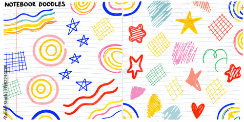 Colorful doodles and sketches fill the pages of an open notebook