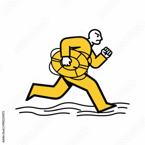 Determined person in yellow running with life preserver on water surface.