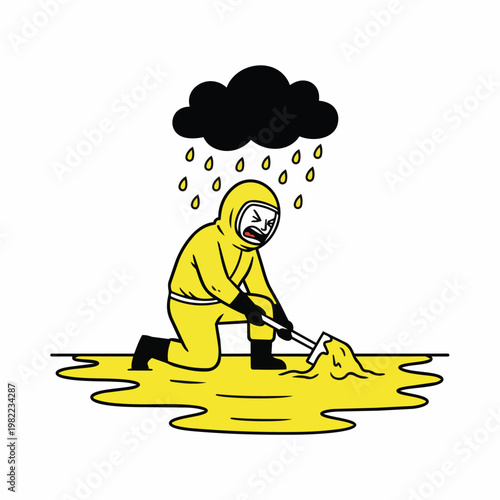 Man in hazmat suit cleaning yellow spill.