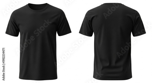 Front and back view of plain black short-sleeved t-shirt isolated on white background