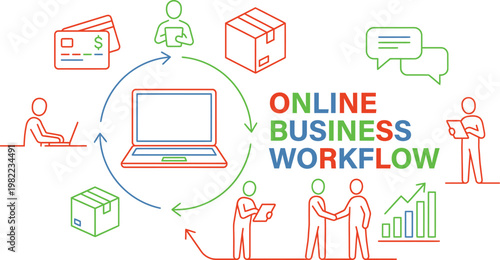 Business Workflow Diagram Template – Online Process Flow and Digital Operations Infographic Vector