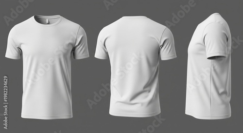 Three-dimensional rendering of a blank white short sleeve t-shirt from front back and side views for apparel mockups design templates