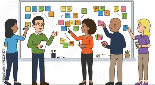 Diverse business team brainstorming with colorful sticky notes on whiteboard