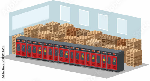 Isometric Warehouse Illustration with Row of Electrical Control Cabinets and Stacks of Wooden Pallets