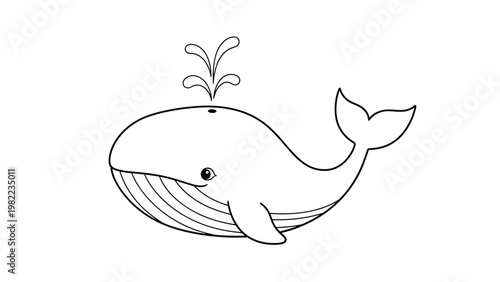 Minimalist black and white line drawing of a happy whale spouting water from its blowhole into the air on white.