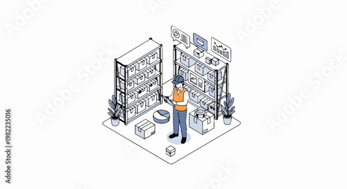 Isometric Warehouse Worker Managing Inventory with Digital Tablet in Smart Logistics Center