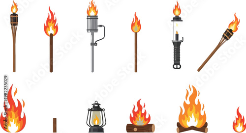 Illustrations of various types of flames and fire sources in flat design style Vector