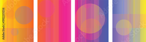 Four vertical panels featuring vibrant gradient backgrounds, vertical stripes, and overlapping translucent circular shapes in yellow, orange, pink, purple