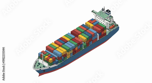 Isometric Container Ship Illustration with Colorful Cargo Containers Isolated on White Background for Logistics and Global Trade
