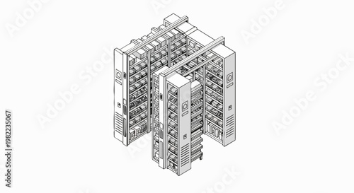 Isometric Line Art of Automated Warehouse Storage and Retrieval System for Logistics and Inventory Management
