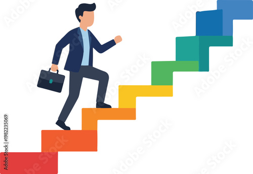 Businessman climbing colorful stairs representing career growth and success