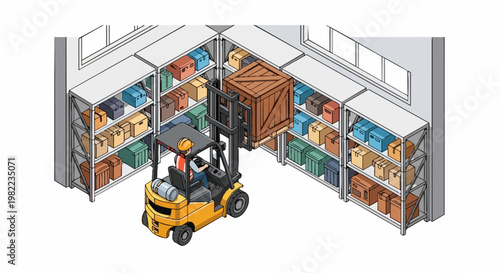 Isometric illustration of a forklift operator moving a large wooden crate in an organized warehouse with metal shelving and storage boxes