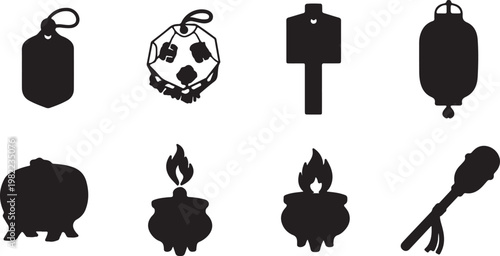 Black silhouette of a hot beverage cup coffee pot teapot wine glass cocktail glass and animals