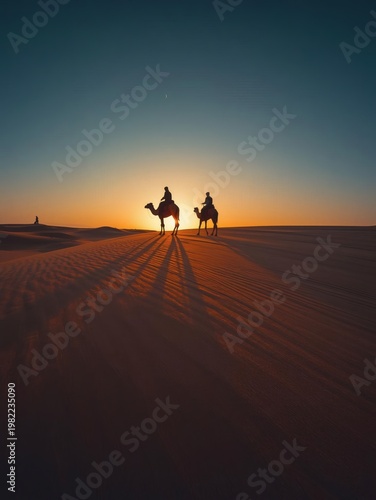 A silhouette walking near a camel during a golden orange sunset across the desert sand landscape