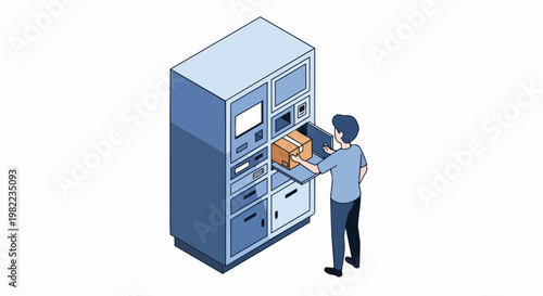 Isometric Illustration of a Man Using an Automated Parcel Locker to Send or Receive a Package - Self-Service Delivery Station Concept