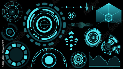 Futuristic interface elements with glowing cyan lines on a dark background