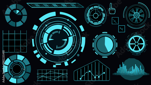 Futuristic user interface elements with glowing teal designs on black