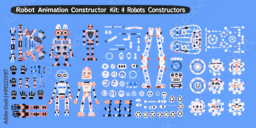 Robot animation constructor kit with various parts for building robots
