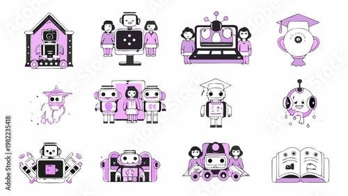 Colorful illustration of robots and learning icons in a playful style