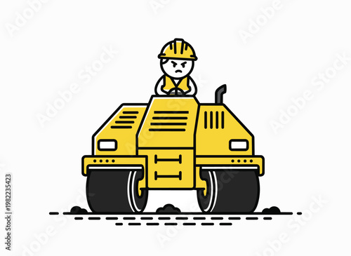 Angry stick figure man driving yellow road roller machine and compressing ground, construction work.