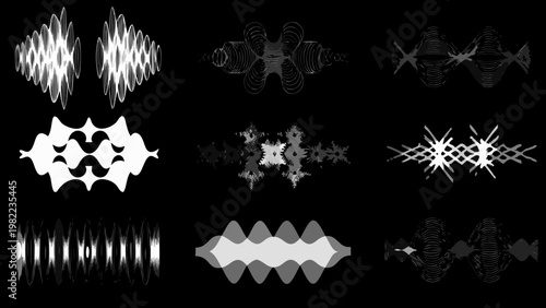 Abstract sound wave visualizations in grayscale against a black background