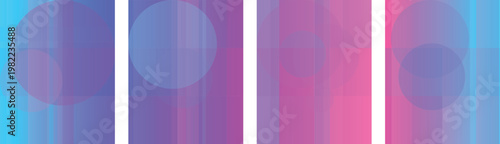 Four vertical panels featuring vibrant gradients of blue, purple, and pink with overlaid translucent circular shapes and subtle vertical striped textures