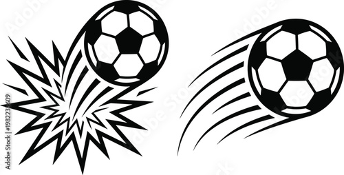 Soccer ball motion icon illustration, sports artwork design, dynamic speed concept, explosive energy symbol graphic, black white professional representation