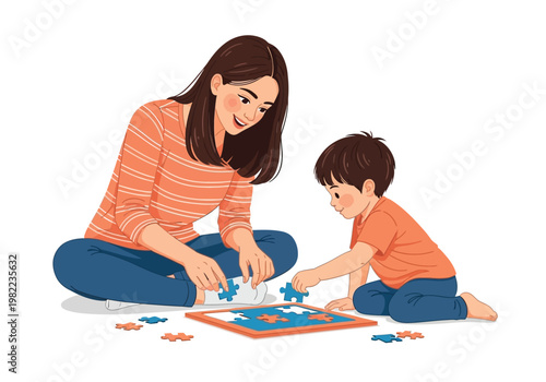Mother and Son Playing Puzzle Together.