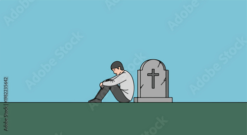 Flat illustration of a sad man sitting beside a tombstone with a stone cross