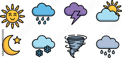 Set of weather icons including sun rain cloud storm snow tornado and moon for meteorological forecast application interface and climate monitoring vector illustration.