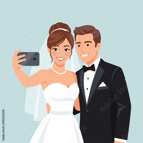 A happy bride and groom taking a selfie portrait together on their wedding day